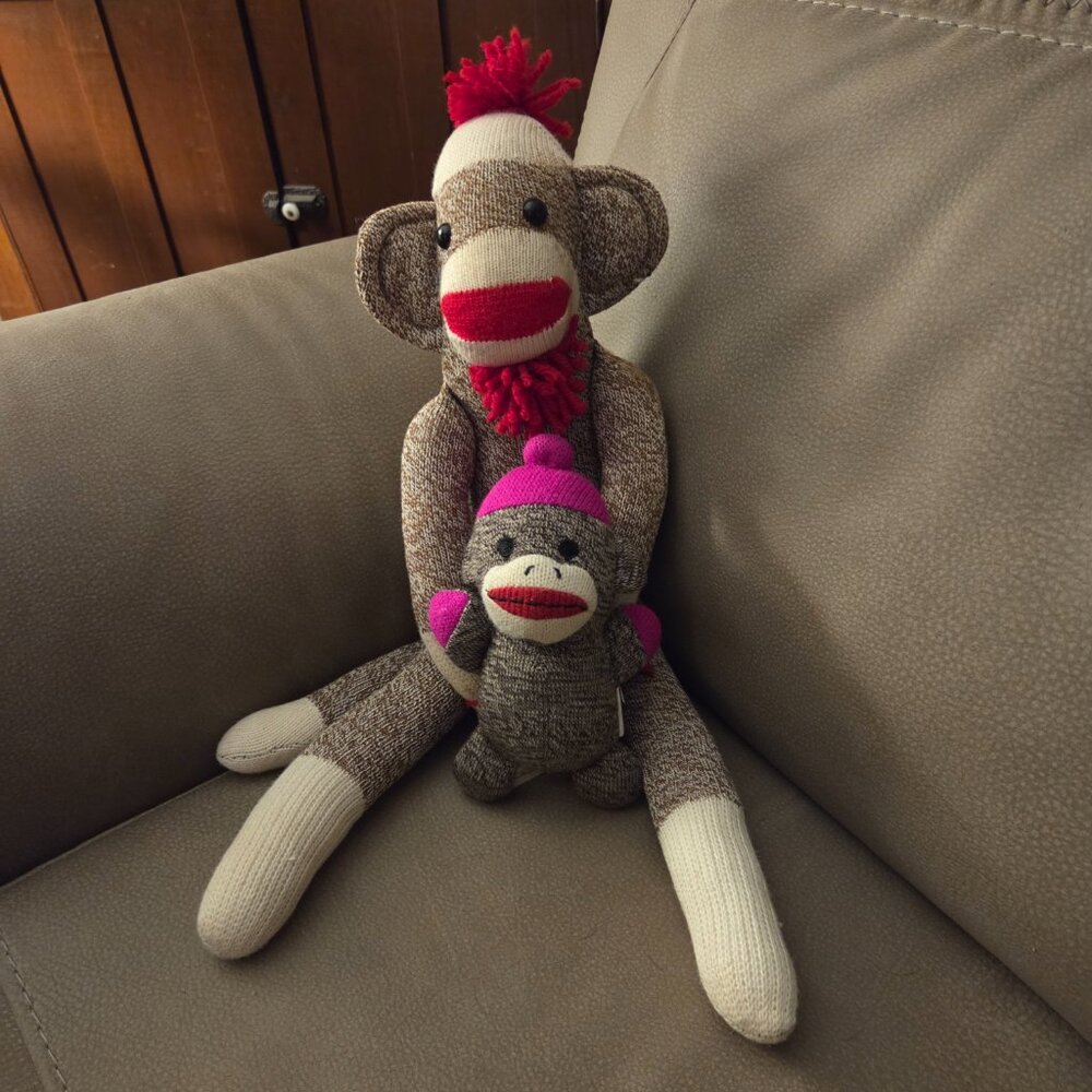 Two Sock Monkeys Traditional 21" and a 7" darker brown Mittens Lot of 2